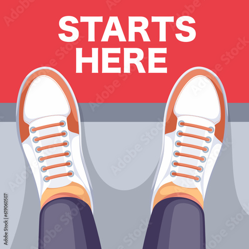 Top view of legs standing at Start here inscription on road vector illustration. Cartoon person in casual sneakers with laces beginning new way and adventure, ready to begin and start achievement