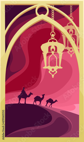 Oriental arch golden window with lanterns and desert landscape vector illustration. Cartoon Middle East scenery inside window Arabic frame, camels in caravan with bedouins travel through sand dunes
