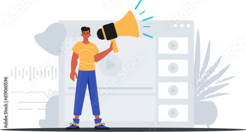 The valet is holding a bullhorn in his bridge musician . digital sell concept. Trendy style, Vector Illustration