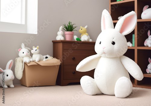 A toy of a white plush rabbit in the children's room. Generative AI.