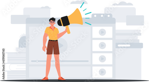 The valet is holding a bullhorn in his bridge musician . digital sell concept. Trendy style, Vector Illustration