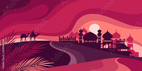 Arabian desert landscape vector illustration. Cartoon silhouettes of bedouins on camels travel to Middle East city on horizon, simple sunset landscape for Ramadan, Eid Mubarak greeting card design