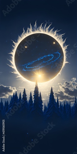 Photo of a beautiful painting depicting a solar system with majestic trees in the foreground