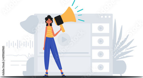 The girlfriend is holding a bullhorn in his hand . digital market concept. Trendy style, Vector Illustration
