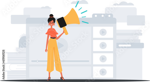 The girlfriend is holding a bullhorn in his bridge actor . digital marketplace concept. Trendy style, Vector Illustration