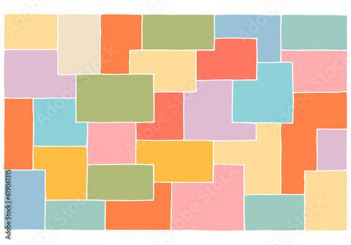 Rectangles and squares of different shapes and colors overlap to form a background, texture, pattern. It looks like stained glass. Freehand drawing. Hand Draw.	