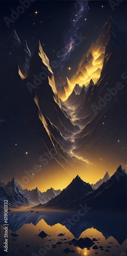 Photo of a stunning landscape painting featuring majestic mountains and a starry night sky