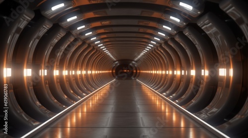 Empty underground tunnel with amber lighting.  