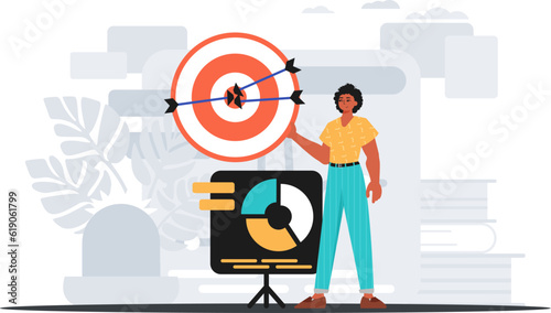 The guy holds in his hand a target with arrow that hit the center . digital selling concept. Trendy style, Vector Illustration