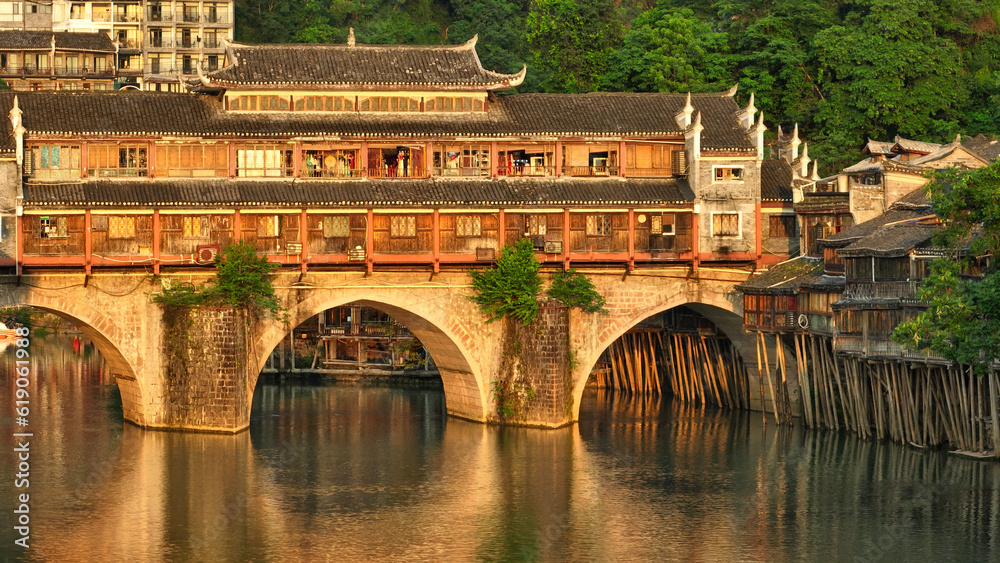 Sunset over ancient town of Fenghuang China