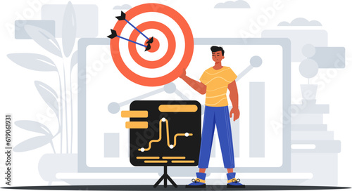 The Guy holds in his hand a target with arrow that hit the condense . digital cover concept. Trendy style, Vector Illustration