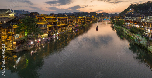 Sunset over ancient town of Fenghuang China