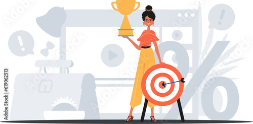 The daughter holds the achiever 's cup in his handwriting . winner concept. Trendy style, Vector Illustration