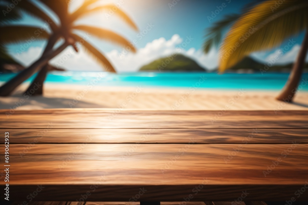 photo wooden table with background tropical beach for product stand made with Generative AI photo wooden table with background tropical beach for product stand made with Generative AI