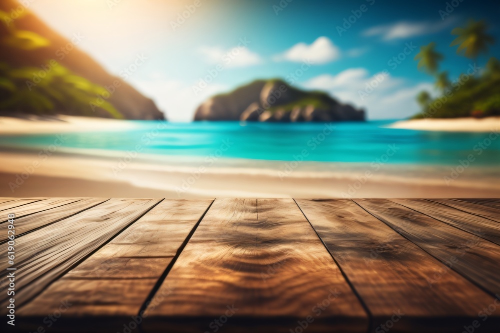 photo wooden table with background tropical beach for product stand made with Generative AI