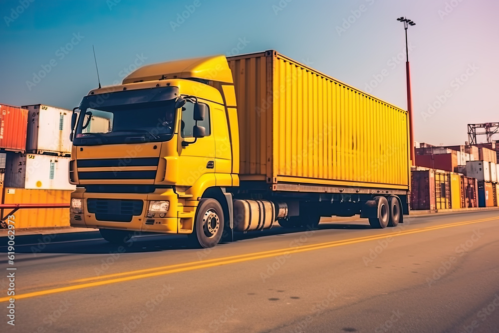 Truck with container on highway, cargo transportation concept.