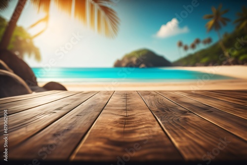 photo wooden table with background tropical beach for product stand made with Generative AI