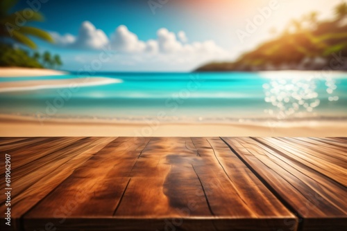 photo wooden table with background tropical beach for product stand made with Generative AI