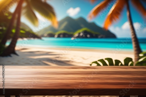 photo wooden table with background tropical beach for product stand made with Generative AI