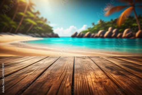 photo wooden table with background tropical beach for product stand made with Generative AI