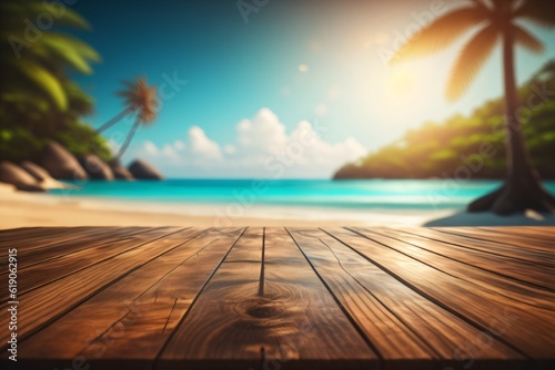 photo wooden table with background tropical beach for product stand made with Generative AI