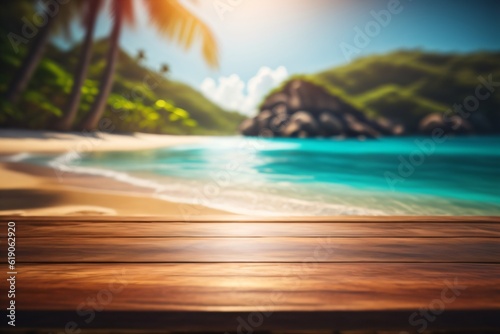 photo wooden table with background tropical beach for product stand made with Generative AI