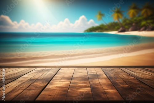 photo wooden table with background tropical beach for product stand made with Generative AI