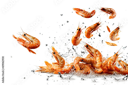 Shrimps flying against water explosion