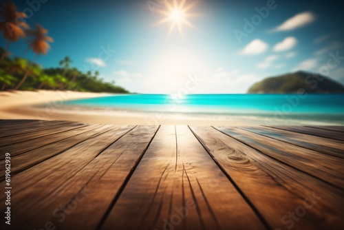 photo wooden table with background tropical beach for product stand made with Generative AI © riko_design