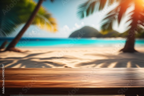 photo wooden table with background tropical beach for product stand made with Generative AI