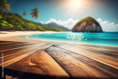 photo wooden table with background tropical beach for product stand made with Generative AI