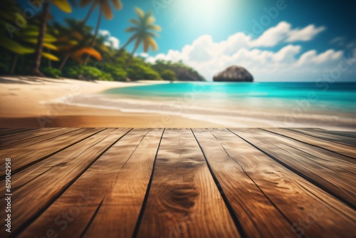 photo wooden table with background tropical beach for product stand made with Generative AI
