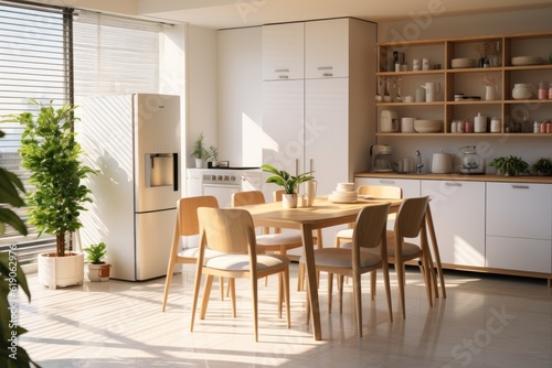 Housing estate, new apartment for sale modern renovation white furniture with cutlery Shelves with crockery and plants in pots. Fridge in simple dining room, free space