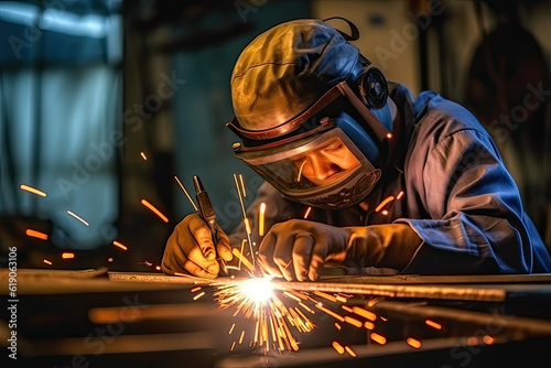 A man performing welding and grinding at his workplace in the workshop