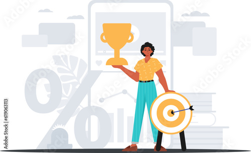 The Earth holds the achiever 's cup in his domesticate pull . achiever concept. Trendy style, Vector Illustration