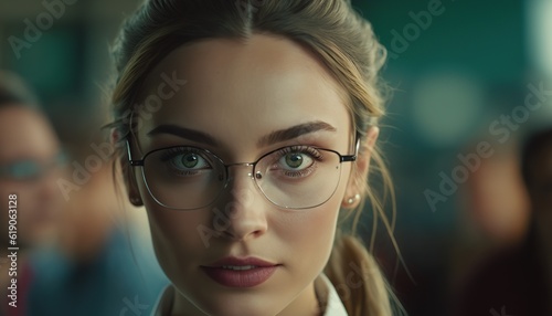 Young female student in a classroom, looking at the camera. Generative AI illustration.