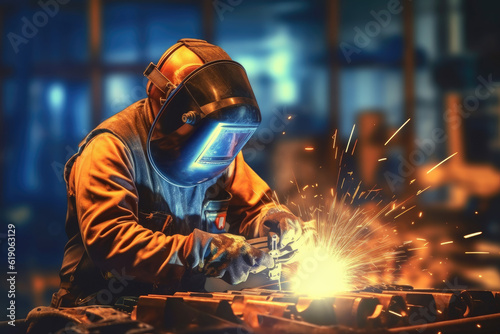 A man performing welding and grinding at his workplace in the workshop