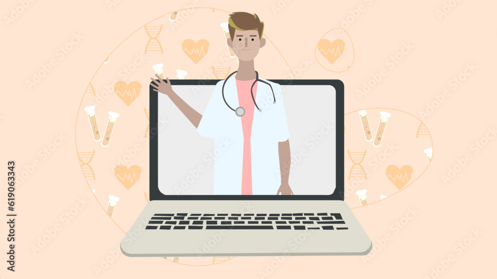 2D vector illustration of male practitioner in white uniform giving recommendations on online call with a pattern background 2D vector illustration of male practitioner in white uniform giving recommendations on online call with a pattern background