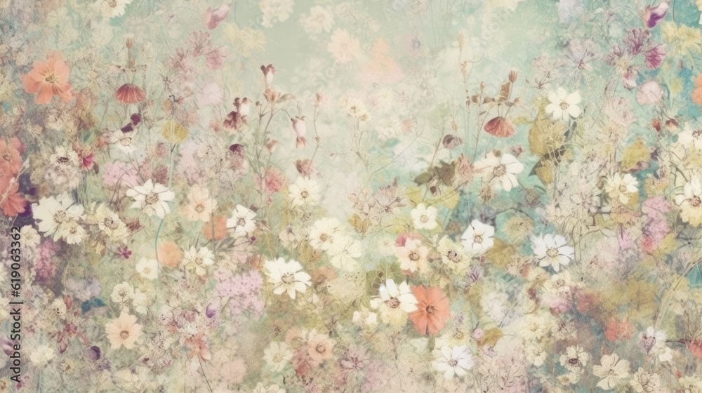 Tattered  vintage floral garden overgrowth. Generative ai composite.