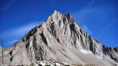 Rugged mountain peak on a clear sky background. Generative ai composite.