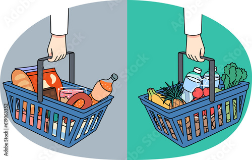 Shopping baskets with healthy and unhealthy products