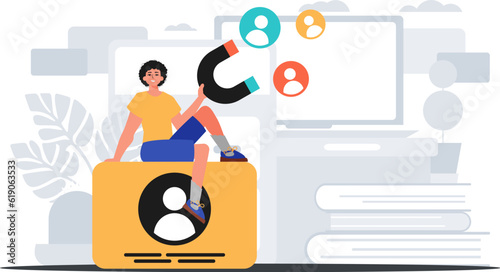 The Guy holds a attraction in his bridge actor , which attracts subject . hour concept. Trendy style, Vector Illustration