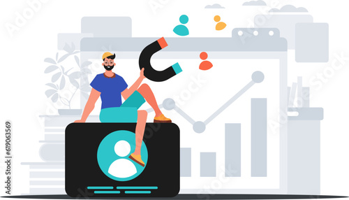 The Guy holds a attraction in his bridge actor , which attracts submit . hour concept. Trendy style, Vector Illustration