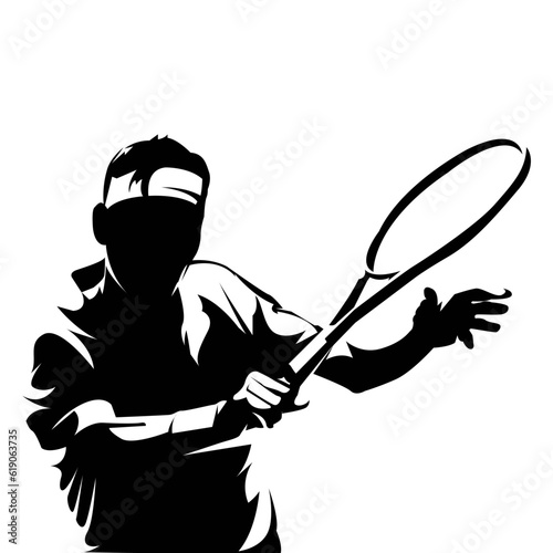 Men's tennis player vector silhouettes on white background isolated.  Silhouette of a tennis player with racket hits the ball. Vector illustration