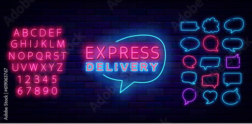 Express delivery neon signboard. Shiny advertising. Glowing pink alphabet. Vector stock illustration