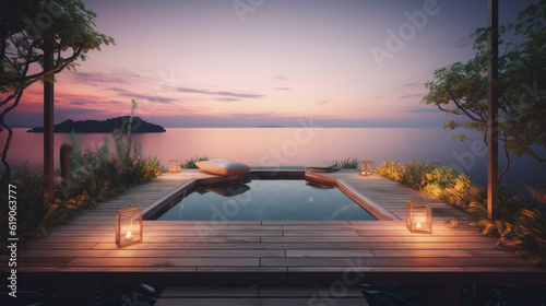 Pool deck with a calm ocean view. © E 