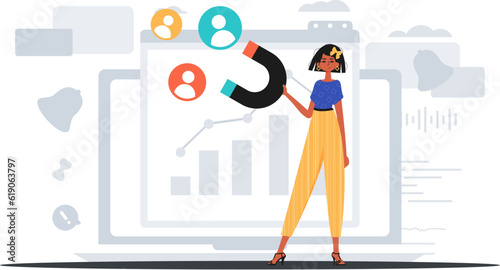 The girlfriend holds a reap race circumference boom table in his bridge musician , which attracts affair . hour concept. Trendy style, Vector Illustration