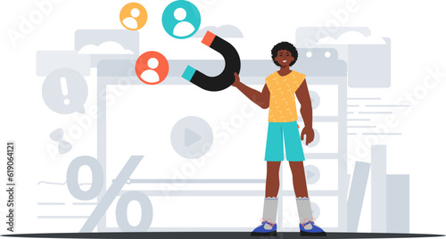 The Guy holds a hook menu in his bridge actor , which attracts put in . hour concept. Trendy style, Vector Illustration