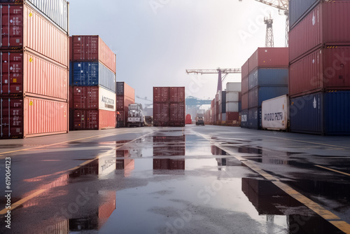 Cargo containers lined up for export, with a towering mast in the background. Capturing transportation logistics and international container cargo shipping. Generative AI.