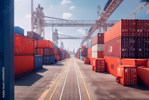 Cargo containers lined up for export, with a towering mast in the background. Capturing transportation logistics and international container cargo shipping. Generative AI.